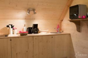 a kitchen with a counter top with a microwave at La Cabane Spa De Céline in Voussac