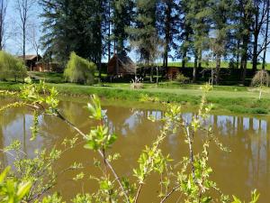 a view of a pond with a house in the background at Cabane Le Carré D'étoiles in Voussac