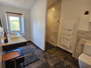 a bathroom with a sink and a shower at Le Domaine de Champerou - Chambres d'hôtes in Cabariot +30 photos