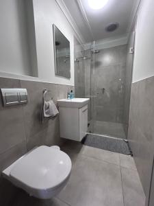 a bathroom with a shower and a toilet and a sink at Whale's Cove in Amanzimtoti +43 photos