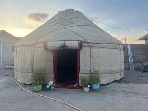 a yurt with potted plants in a yard at Guest House Aska Ethno in Kochkorka