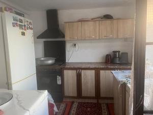 a kitchen with wooden cabinets and a refrigerator at Guest House Aska Ethno in Kochkorka