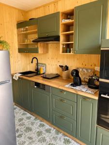 a kitchen with green cabinets and a refrigerator at Isabella in Figari