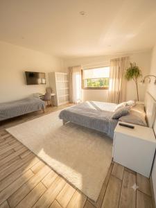 a bedroom with a bed and a couch and a window at Domo Vila in Druskininkai