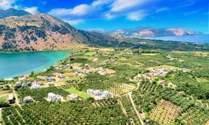 an aerial view of a vineyard next to a lake at Cretan Dream Villa in Georgioupolis +29 photos