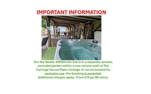 an outdoor jacuzzi tub is in a pavilion at Piper Cottage, Bilbrough, York in Bilbrough
