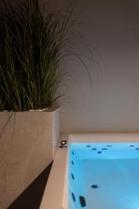 a table with a potted plant next to a table sidx sidx sidx at Anthem Suites & Spa in Athens