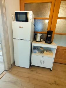 a white refrigerator with a microwave on top of it at Max-El's Home in Geispolsheim +13 photos