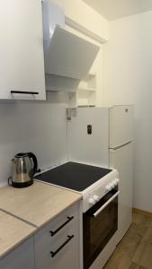 a kitchen with white cabinets and a stove top oven at Urban Apartment Karpoš in Skopje