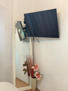 a tv hanging on a wall with a vase with flowers at Apartman Luna in Šibenik