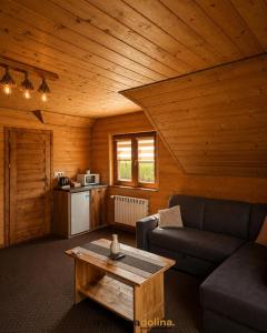 a living room with a couch and a coffee table at Apartamenty Markowa Dolina in Rymanów