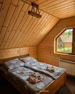 a bedroom with a bed in a attic at Apartamenty Markowa Dolina in Rymanów