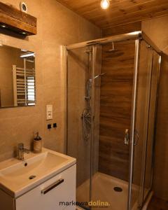 a bathroom with a shower and a sink at Apartamenty Markowa Dolina in Rymanów