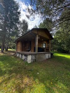a log cabin with a porch in the grass at Auksinė giria in Kernavė