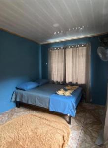 a blue bedroom with two beds and a window at Casa Colibrí #1 in Puerto Jiménez