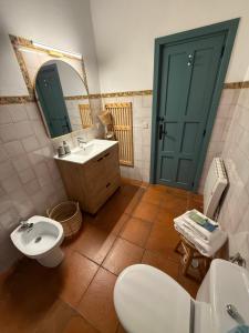 a bathroom with a sink and a toilet and a mirror at La Casuca in Riaza +17 photos