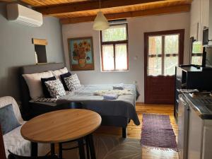 a small living room with a bed and a table at Vitamin B63 Vendégház in Boldogkőváralja +54 photos