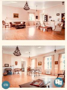 two pictures of a living room with a couch and tables at Vitahästen in Hästveda
