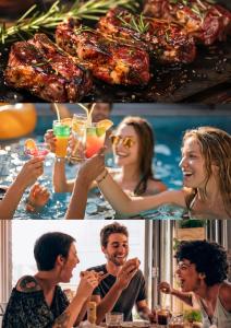 a collage of photos of people eating food and drinking drinks at Chácara Vivenda Aconchego in Itupeva