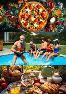 a group of people sitting around a table with a pizza at Chácara Vivenda Aconchego in Itupeva
