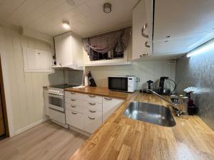 a kitchen with a sink and a stove top oven at Apparent with 2 bedrooms for rent in Kirkenes