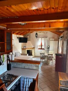 a kitchen and living room with a stove top oven at House Zrno Peaceful Stone House in Račišće, Korčula in Račišće +21 photos