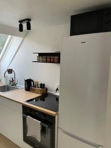 a kitchen with a white refrigerator and a sink at The White Farm in Skanderborg