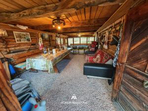 a living room with a couch and a table in a cabin at Pensiunea Solo in Dretea +77 photos