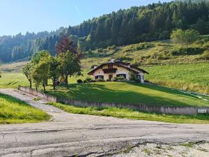 a house on a grassy hill next to a road at Al Cacciatore in Gallio