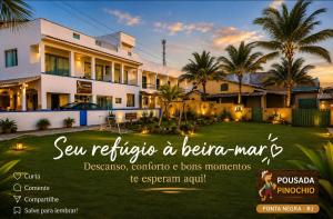 a advert for a hotel with a lawn in front of a building at Pousada Pinocchio in Maricá
