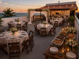 a wedding reception at the beach with tables and chairs at Pousada Pinocchio in Maricá