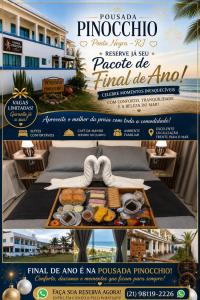 a flyer for a resort with a table of food at Pousada Pinocchio in Maricá