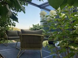 a patio with chairs and plants in a conservatory at Design apartmán in Teplice