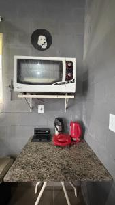 a microwave sitting on a counter in a kitchen at Chácara Três Chalés in Foz do Iguaçu