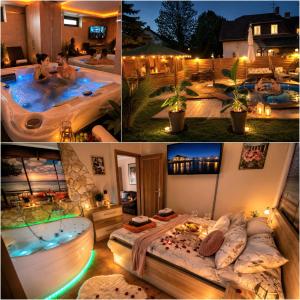 a collage of pictures of a home with a hot tub at Apartman Siesta Bük - Bükfürdő in Bük