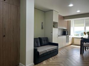 a living room with a couch and a kitchen at Modern Olive Home in Căuşeni +18 photos