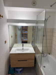 a bathroom with a sink and a tub and a mirror at Chez Arthur et Léa in La Joue du Loup