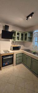 a kitchen with green cabinets and a stove top oven at Elysee Vacances in Trou aux Biches