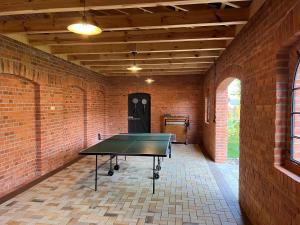 a brick room with a ping pong table in it at Spreewaldhof am Wasser in Raddusch