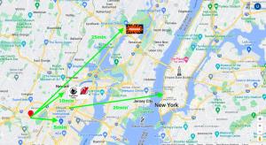 a map with a red and green marker at One Bus Stop to Time Square-4BR Duplex-Free Parking in Hillside