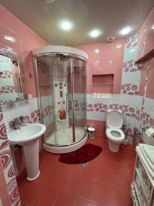 a bathroom with a shower and a toilet and a sink at Georgios Ranch in Tsodoreti +67 photos