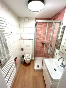 a bathroom with a shower and a toilet and a sink at Inselliebe Norderney in Norderney +15 photos