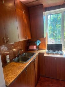 a kitchen with a sink and a window at Large house at the beach. in Grigoleti