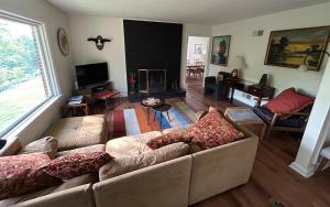 a living room with a couch and a fireplace at Charming Roanoke Guesthouse in Roanoke