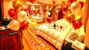 a room with red and gold balloons and a bed at MiRAGE PYRAMiDS HOTEL in Cairo