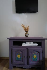 a purple cabinet with a vase on top of it at Raiul Sânzienelor in Sărata-Monteoru