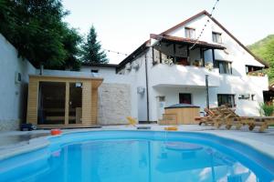 a villa with a swimming pool in front of a house at Raiul Sânzienelor in Sărata-Monteoru