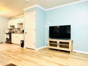 a living room with a flat screen tv and a kitchen at Zoe house in Victoria