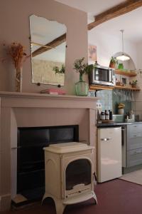 a kitchen with a fireplace and a microwave at Maisons Vaudésir - Lyla, Chablis in Chablis
