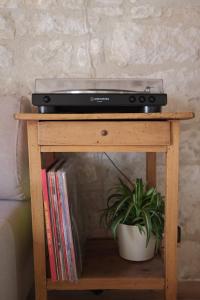 a table with a radio and a plant on it at Maisons Vaudésir - Lyla, Chablis in Chablis